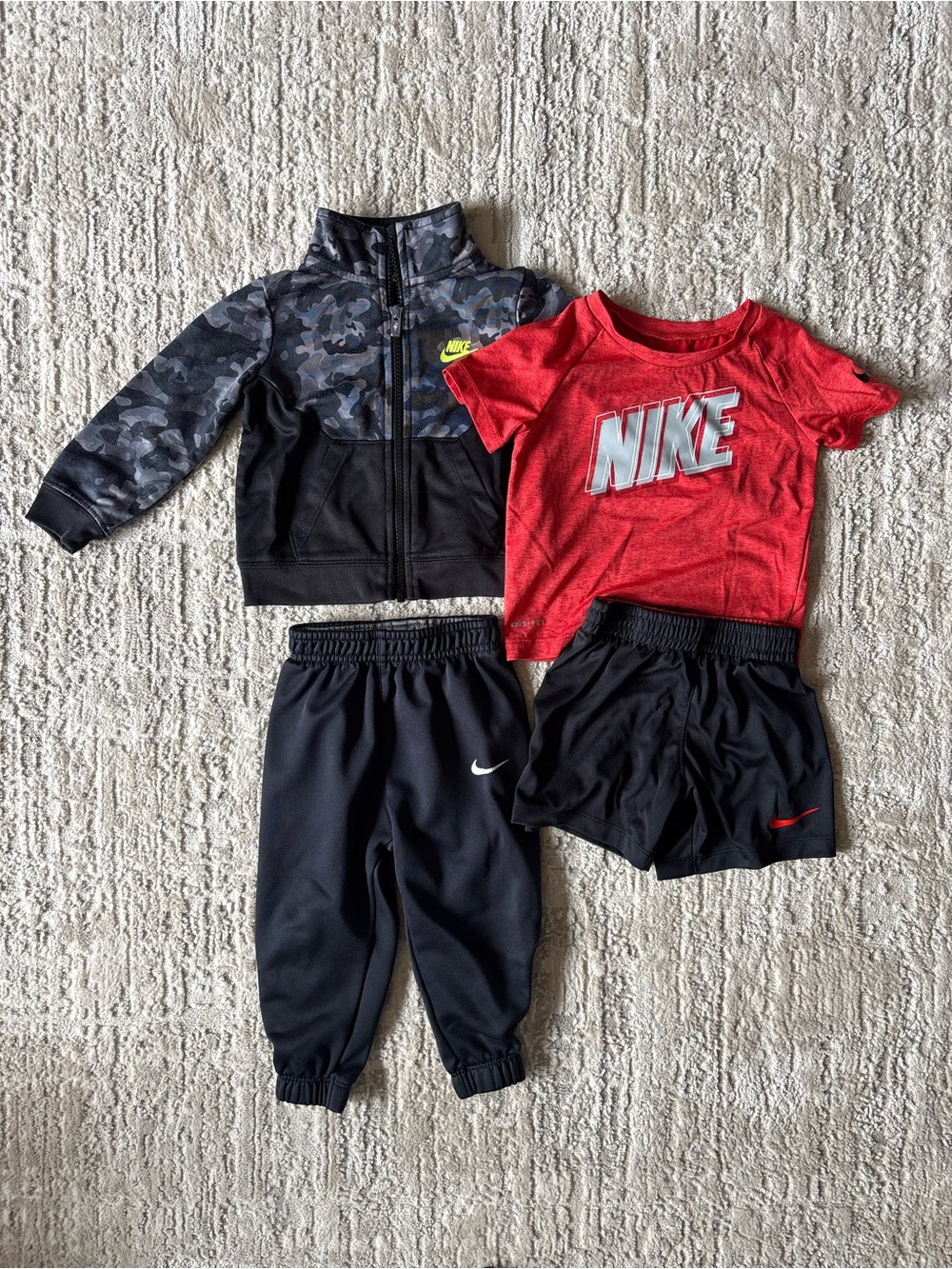 Nike Kids Black Joggers with Red Nike Tee and Black Shorts